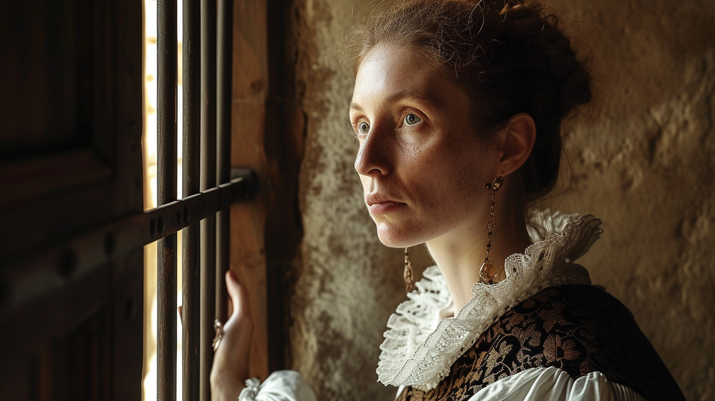 Katarina Jagellonica, married to future Johan III of Sweden, stands by a window looking out from her prison cell.