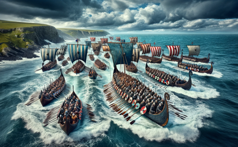 Fleet of viking longships with warriors approaching the shores of England