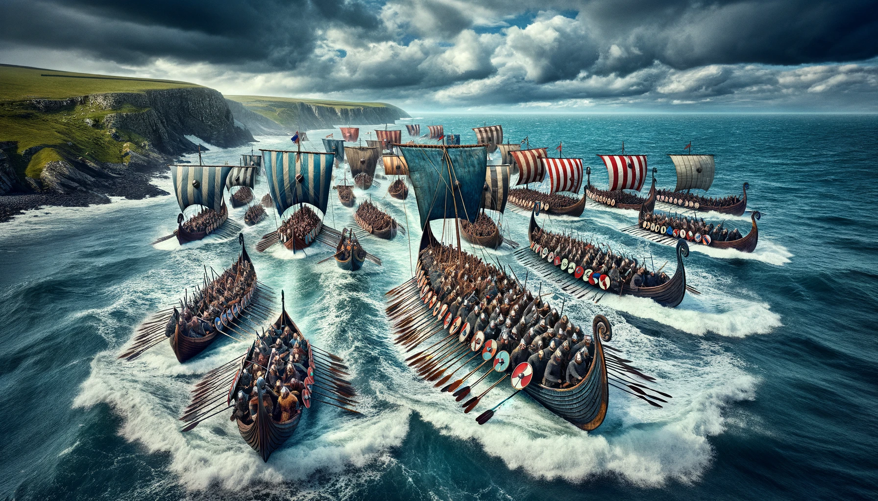 Fleet of viking longships with warriors approaching the shores of England