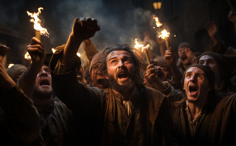 An angry mob hunting witches during the Witch Trials in the Nordic countries.