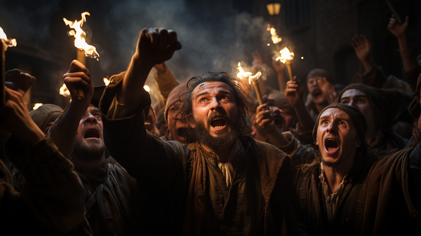 An angry mob hunting witches during the Witch Trials in the Nordic countries.