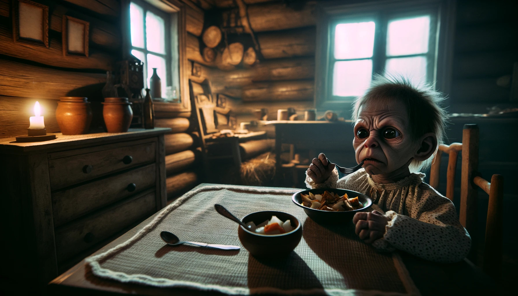 A Changeling sits in a kitchen, looking like a troll child.