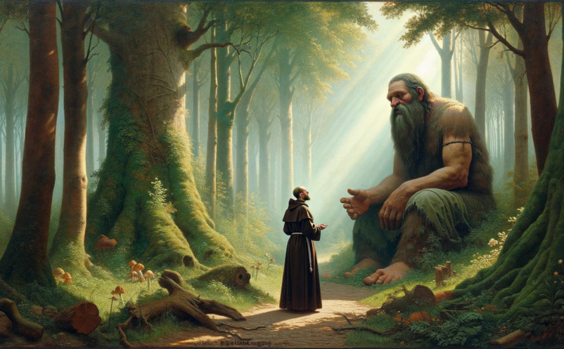 A Giant and a Monk speaking together in a Swedish forrest