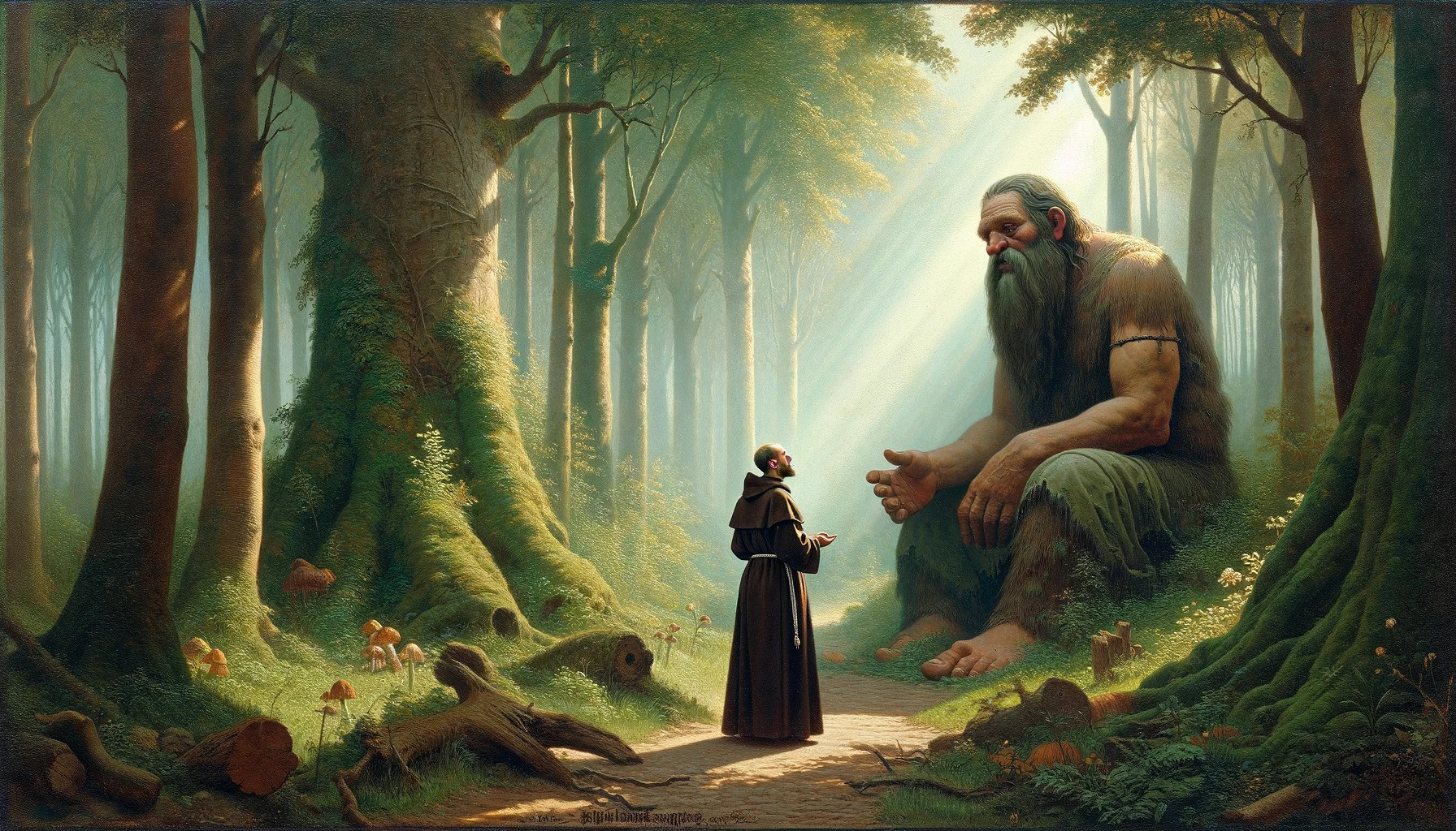 A Giant and a Monk speaking together in a Swedish forrest